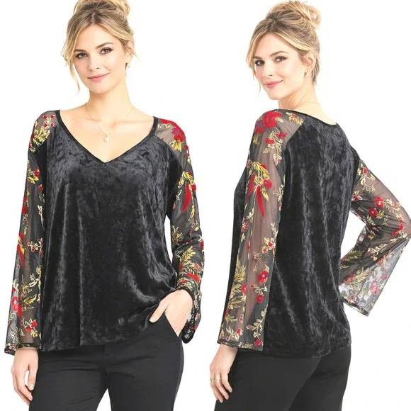 Adiva Womens Top 3X Black Velvet Sheer Embroidered Red Floral Sleeves Romantic - Picture 1 of 8